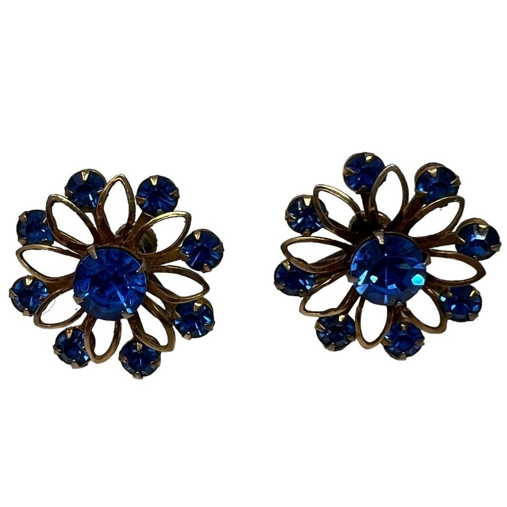 Vintage Screw Back Earrings Flower Gold Tone Blue Rhinestones